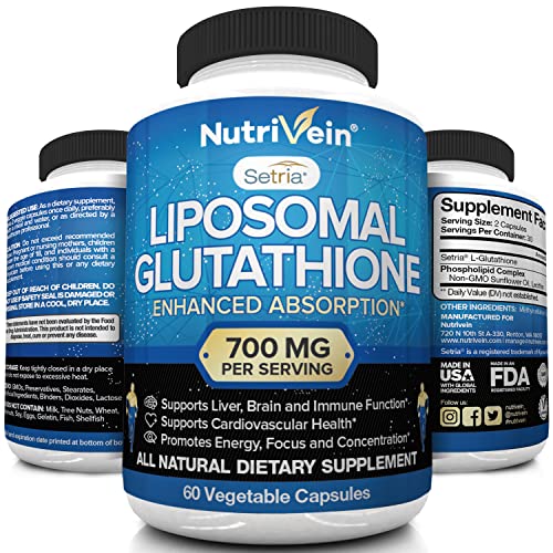 Book Cover Nutrivein Liposomal Glutathione SetriaÂ® 700mg - 60 Capsules - Pure Reduced Glutathione - Master Antioxidant for Optimal Cell Protection, Liver Detox, Cardiovascular Health, Brain and Immune Function