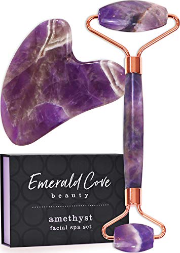 Book Cover Jade Roller for Face – Amethyst Derma Roller and Gua Sha Set for Skincare, Face Roller and Dark Circles Under Eye Treatment