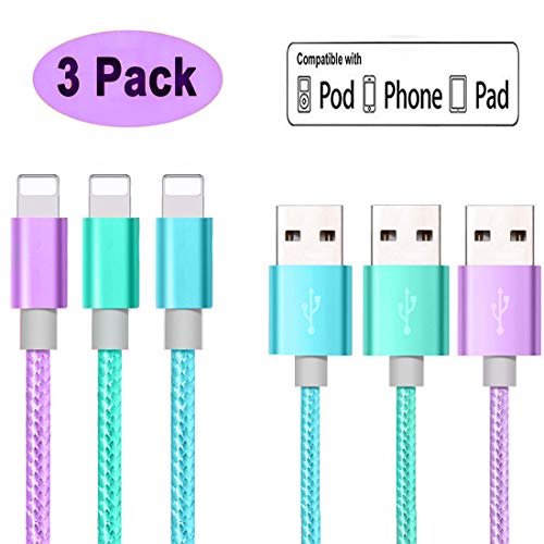 Book Cover YoRoucI Phone Charger Cable 3 Pack 6FT Nylon Braided Fast Charging Cable USB Power Charger Cord Compatible with Phone XS XR X 8 8plus 7 7plus SE 6S 6 5 5C 5S Pad Mini Air Pro Purple Green Blue