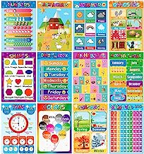Book Cover Educational Posters for Preschoolers Toddlers Kids Kindergarten Classrooms Alphabet Letters, Numbers, Shapes, Colors, Seasons, Week, Months, More,11 x 16 Inch,12PCS