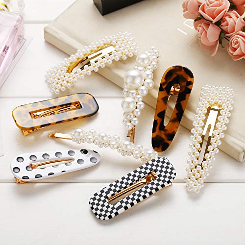 Book Cover Large Pearl Hair Clips Resin Hairpins Pearl Hair Barrettes,Gold Acrylic Leopard Marble Geometric Hairpin, Tortoise Hair Clips for Women Girls-Pearl and Resin Clips Set 8 Pack