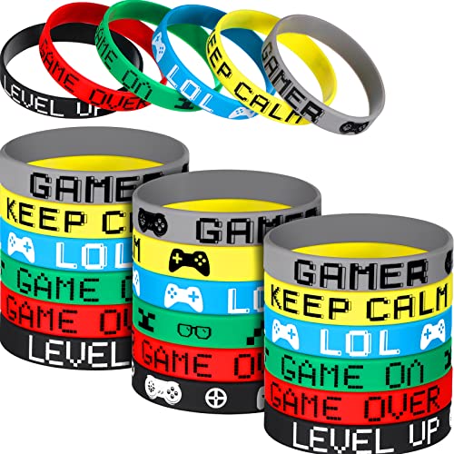 Book Cover 30 Pieces Video Game Bracelets Rubber Bracelets Game Party Wristbands Supplies Colored Silicone Bracelets for Gamer Birthday Party Favors (30 Pieces, 6 Style)