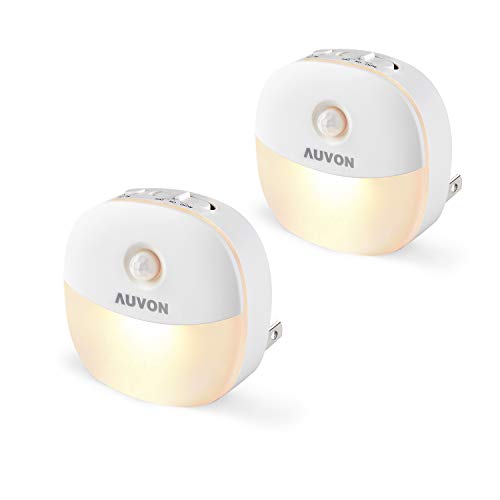 Book Cover AUVON Plug in Night Light with Motion Sensor and Dusk to Dawn Sensor, Mini Warm White LED Nightlight with 1-50 lm Adjustable Brightness for Bathroom, Hallway, Stairs, Bedroom, Kitchen (2 Pack)