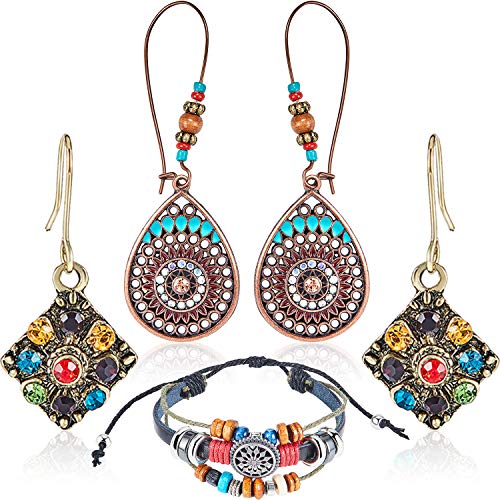 Book Cover 3 Pieces Bohemian National Style Set, Retro Diamond Rhinestone Ear Stud Earrings Hollow Water Drop Shaped Earrings and Multilayer Vintage Bohemia Beaded Bracelet Cords Woven Wristbands Jewelry