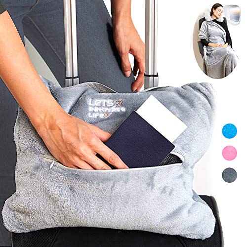 Book Cover 4 in 1 Travel Blanket - Lightweight, Warm and Portable. The Latest Small Compact Airplane Blankets & Pillow Set. Made of Warm Plush, 2 Practical Mesh Pockets with Fashionable Carry & Luggage Straps