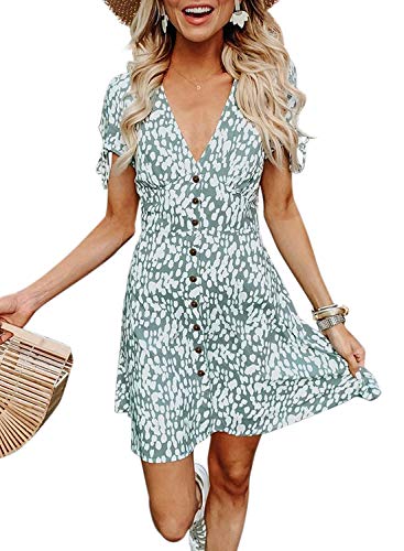 Book Cover BTFBM Women Summer Printed V Neck Button Down Casual Party Short Dress with Tie Sleeve
