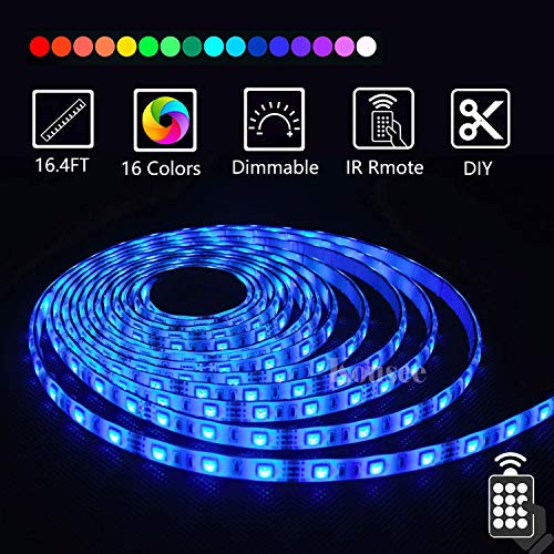 Book Cover LED Strip Lights, Waterproof 16.4ft RGB SMD 5050 LED Rope Lighting Color Changing Full Kit with 44-Keys IR Remote Controller & Power Supply for Home Kitchen Christmas Indoor Outdoor Decoration