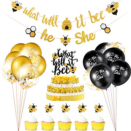 Book Cover 23 Pieces Gender Reveal Party Decorations Set, What Will it Bee Banner He or She Banner Confetti Latex Balloons and Bee Cake Topper for Party Supplies