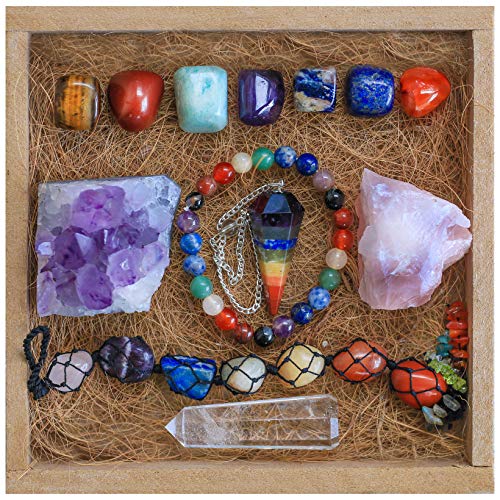 Book Cover Healing Crystals and Stones Meditation Set - with 7 Tumbled Chakra Crystals - Crystals and Healing Stones - Includes Bonus Amethyst Cluster, Pendulum, Car Mirror Accessory & Chakra Bracelet