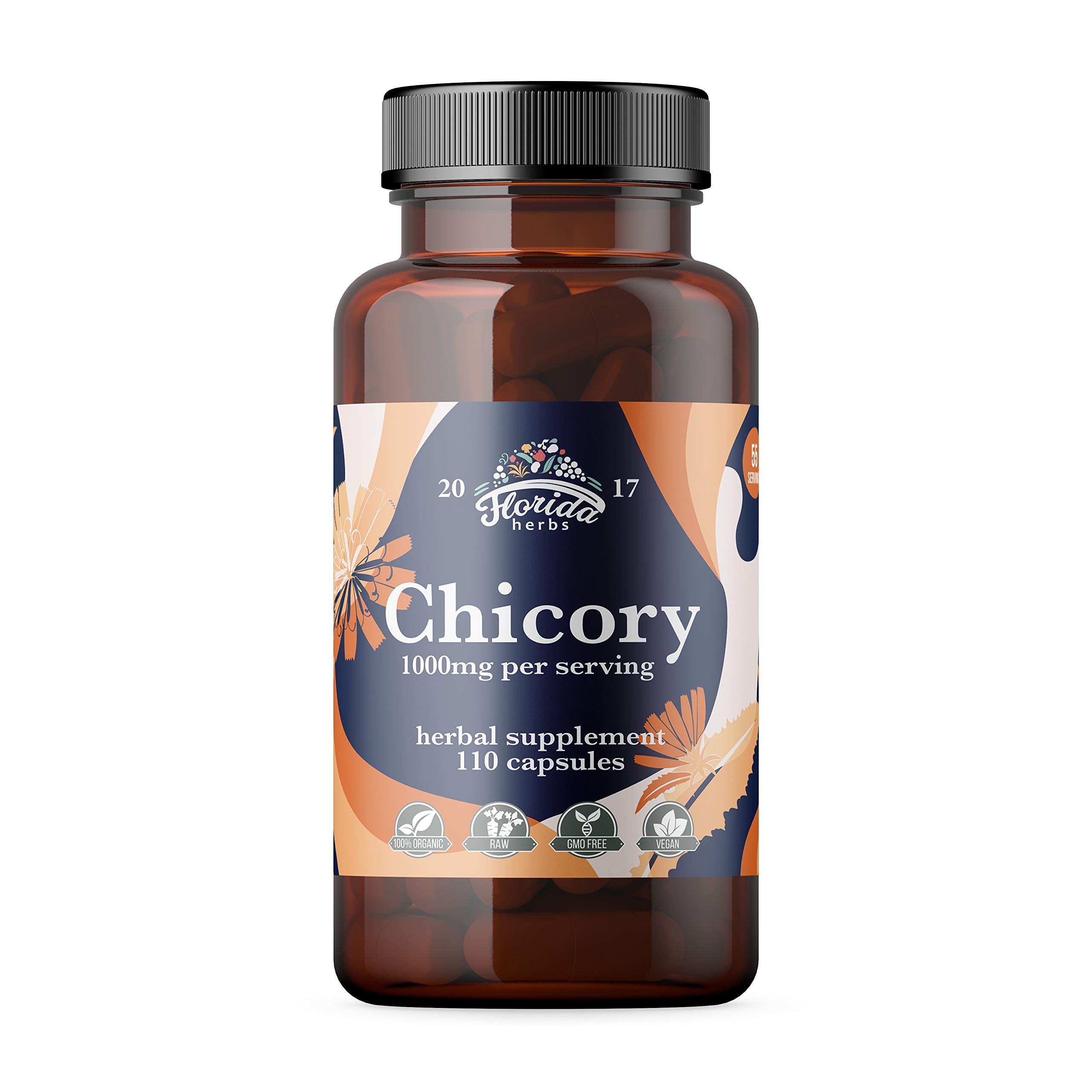 Book Cover FLORIDA HERBS Chicory Root Fiber Supplement 1000 mg, Certified Organic Chicory Root Capsules (Cichorium Intybus), Inulin Supplement 110 Fiber Pills