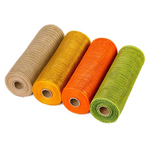 Book Cover LaRibbons Deco Poly Mesh Ribbon - 10 inch x 30 feet Each Roll - Metallic Foil Orange/Gold/Cream/Green Set for Wreaths, Swags and Decorating - 4 Pack
