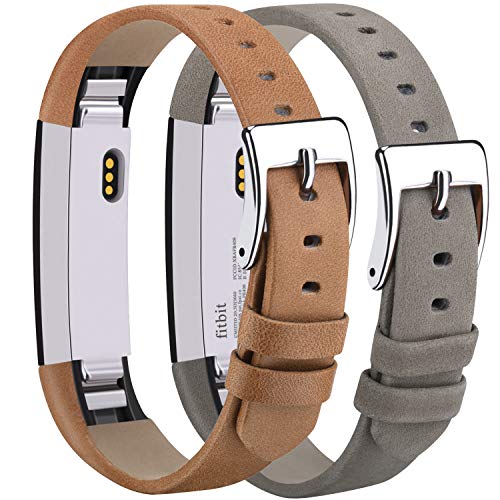 Book Cover Tobfit Leather Bands Compatible for Fitbit Alta Bands and Fitbit Alta HR Bands (042 Tan+Suede Grey, 5.5''-8.1'')
