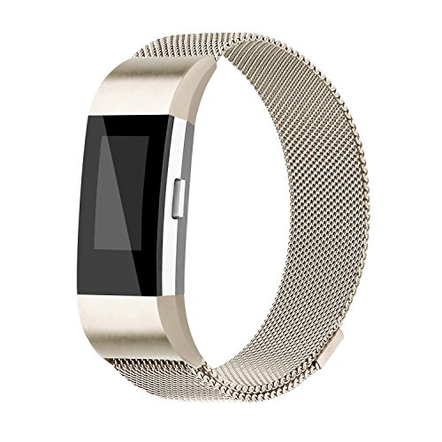 Book Cover iGK Replacement Bands Compatible for Fitbit Charge 2, Stainless Steel Metal Bracelet with Unique Magnet Clasp Champagne Small