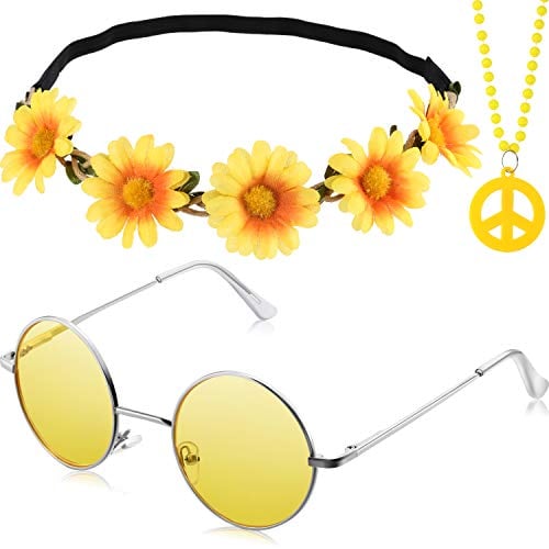 Book Cover 3 Pieces Hippie Costume Party Accessories Set includes Peace Sign Bead Necklace, Flower Crown Headband, Hippie Sunglasses for Adults Kids