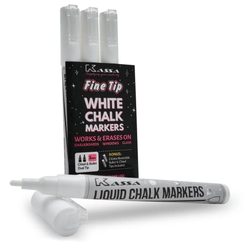 Book Cover Kassa White Chalk Markers (4 Pack) Liquid Chalkboard Pens, Fine Tip: Erasable for Blackboard, Windows, Glass; Non-Toxic Washable Chalk Board Paint Marker Pens with Reversible Dual Tip (Bullet, Chisel)