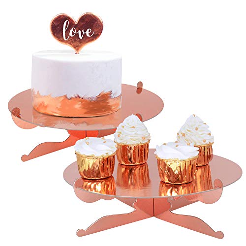 Book Cover 1-Tier Gold Round Cardboard Cupcake Stand Dessert Stand Reusable Birthday Wedding Festival Decoration Mini Cake Stand (Rose Gold)