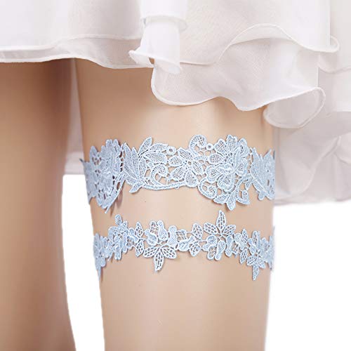 Book Cover Lace Garter Set Wedding Garter Belt Flower Floral Design Garter for Bride, Light Blue, M(18.0