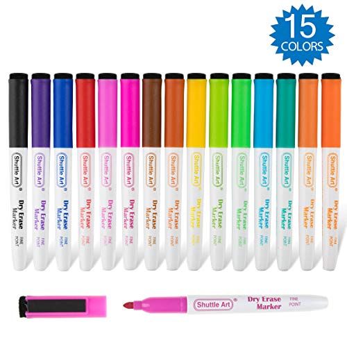 Book Cover Dry Erase Markers, Shuttle Art 15 Colors Magnetic Whiteboard Markers with Erase,Fine Point Dry Erase Markers Perfect For Writing on Whiteboards, Dry-Erase Boards,Mirrors for School Office Home
