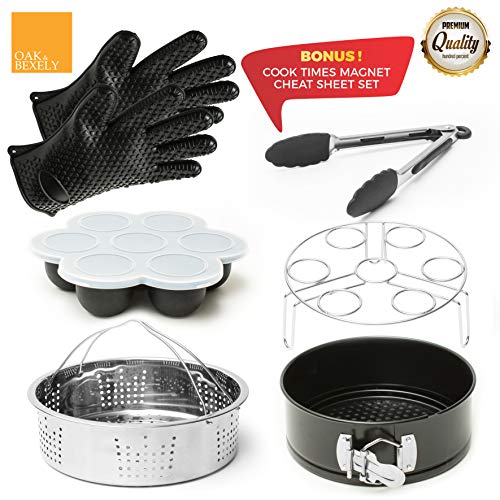Book Cover Accessories Set for Instant Pot Cooker - Accessory Fits 5-6 - 8 Qt - Steamer Basket - Cake Pan - Silicone Gloves - Egg Bites Mold - Tong - Cook Times Magnetic Cheat Sheet