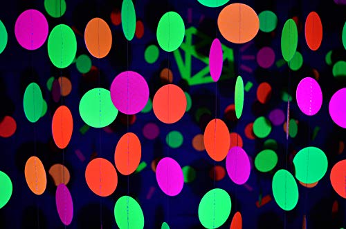 Book Cover Midnight Glo 78ft Neon Paper Garland Circle Dots Hanging Decorations for Birthday Party Wedding Decorations Black Light Reactive UV Glow Party (6 Pack)