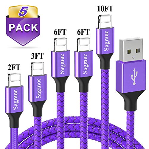 Book Cover Phone Charger Cable Purple with Highspeed - Sagmoc USB Charging Cord Nylon Braided 4+1Pack (10FT 2FT 6FT 3FT 2FT) Compatible with XS/XS MAX/XR/X/8/8Plus/7/7Plus/6/6Plus/6s/6sPlus/5/5s/AIR/PRO and Mor