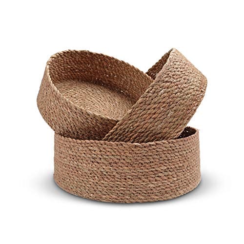 Book Cover Woven Round Seagrass Basket Set - 3 Decorative Storage Baskets for Organizing and Storage - Sustainable, Eco-Friendly Nesting Baskets with Cotton Dust Bag for Coastal and Beach Decor