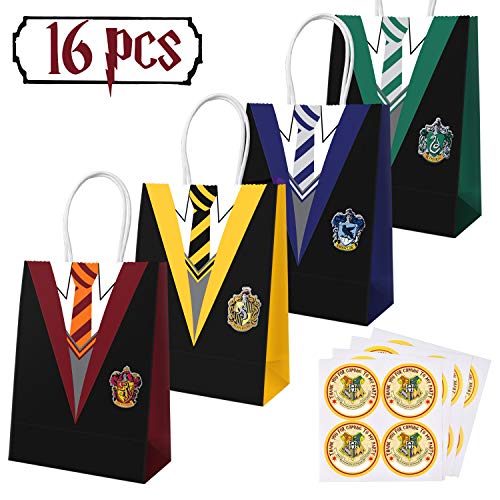 Book Cover 16 PCS Magical Wizard School Favors Bags for Children Birthday Party Supplies,Dress Up Novelty Decorations with 16 PCS Magical Wizard School Stickers Name Tags Labels