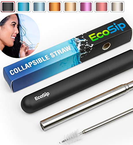 Book Cover EcoSip Collapsible | Telescopic Drinking Straw Metal Stainless Steel Reusable | Portable Final Straw Folding Straws Travel | Cleaning Brush Key Ring Hard Case | Silicone Tip | Black