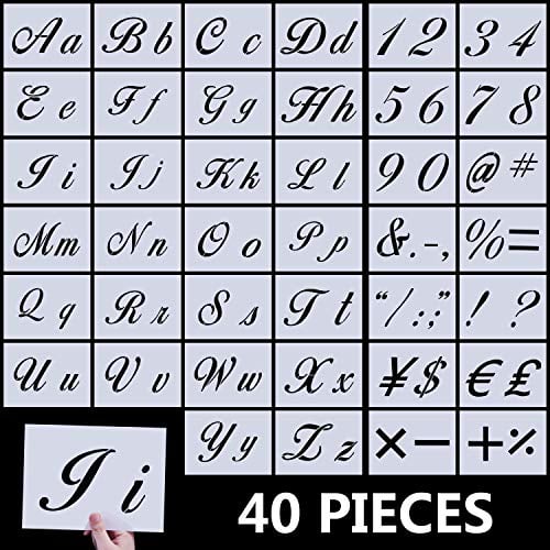 Book Cover Letter Stencils for Painting on Wood, Kissbuty 40 Pcs Alphabet Stencils with Calligraphy Font Upper and Lowercase Letters Reusable Plastic Art Craft Templates with Numbers and Signs, 8.27