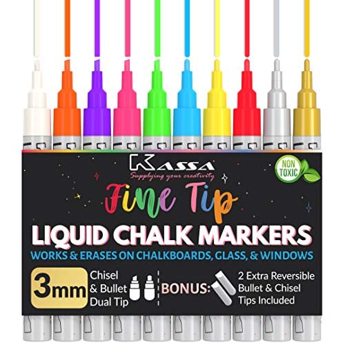 Book Cover Kassa Liquid Chalk Markers Fine Tip (10 Pack 3mm) - Chalkboard Markers Erasable - Gold & Silver Included - Wet Erase Markers for Glass Blackboard Windows - Chalk Pens Include Dual Chisel & Bullet Tip