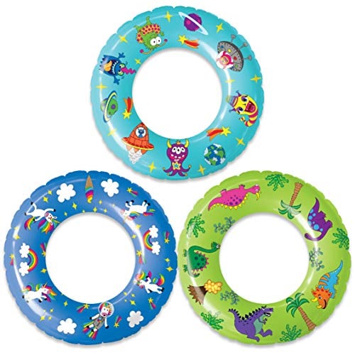 Book Cover Pool Floats and Swimming Rings for Kids - 3 Pack Inflatable Pool Floats, Beach Floats, Swim Rings Tube Set w/ Original Designs (Unicorns, Dinosaurs, Aliens)