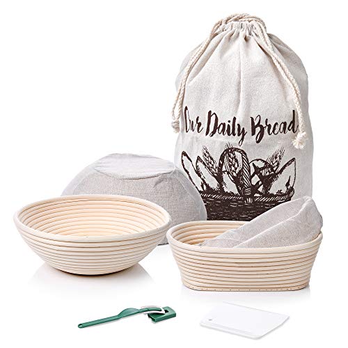 Book Cover 7 Piece Banneton Proofing Bread Basket 9 inch Round + 10x6x4 inch Oval Sourdough Baking Set | Lame + Dough Bowl Scraper+ Bread Bag | Perfect with Sourdough Starter for Making Artisan Homemade Bread