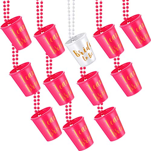 Book Cover 12 Pieces Team Bride and Bride To Be Plastic Beaded Bridal Shot Glass Necklace Pink and White with Gold Foil for Bachelorette Party Bridal Party Necklaces