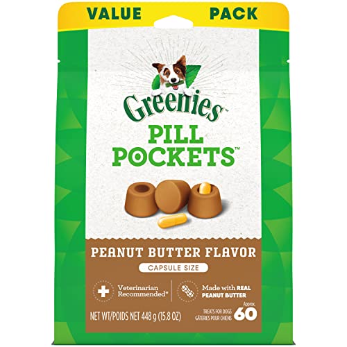 Book Cover GREENIES PILL POCKETS for Dogs Capsule Size Natural Soft Dog Treats with Real Peanut Butter, 15.8 oz. Pack (60 Treats)