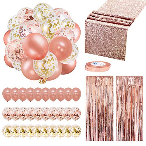 Book Cover Rose Gold Balloons Party Decorations Set 35 Pcs Include 30 Balloons(confetti & latex), 2 Foil Fringe Curtains, 1 Sequin Table Runner, 2 Foil Ribbon for Birthday Party, Wedding, Xmas New Year Festival