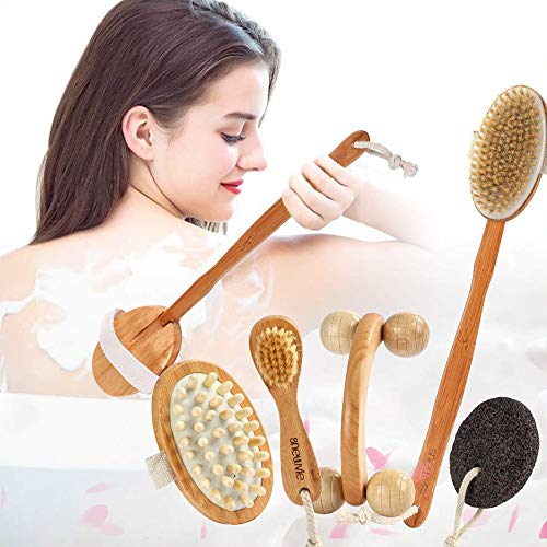 Book Cover Dry Brushing Body Brush Set, Dry Skin Body Brush for Dead Skin Exfoliating & Lymphatic Drainage, Includes Natural Boar Bristle Brush, Cellulite Massager, Face Dry Brush, Pumice Stone, Roller Massager