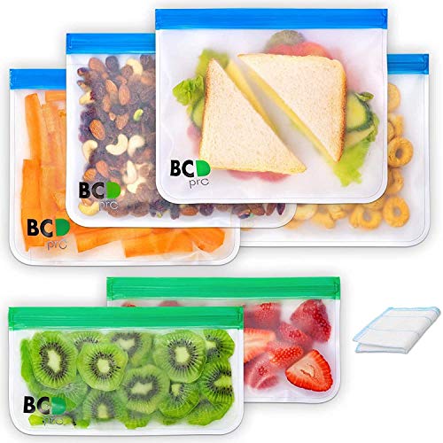 Book Cover Reusable Storage Bags 6 Pack (4 Sandwich and 2 Snack) Durable Double Ziplock Extra Thick Leakproof Freezer Easy to Clean BPA and PVC free Baggies for Food Lunch Travel Kitchen School