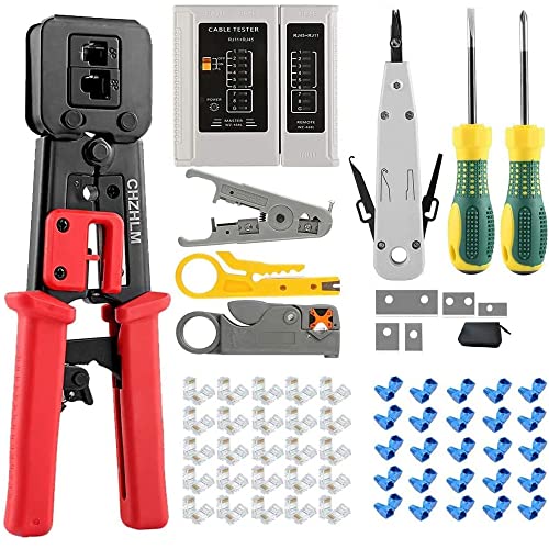 Book Cover CHZHLM RJ45 Crimp Tool for Pass Through and Legacy Connectors 6P 8P Multi-Function Cable Cutter Cat5e Cat6 Crimping tool Network Wire Stripper with 50pcs Connetors and Covers Knives