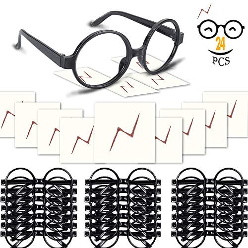 Book Cover YoHold Wizard Glasses with Round Frame No Lenses and Lightning Bolt Tattoos for Kids Wizard, Halloween, St Patrick's Day Costume Party, 24 Pack of Each, Black