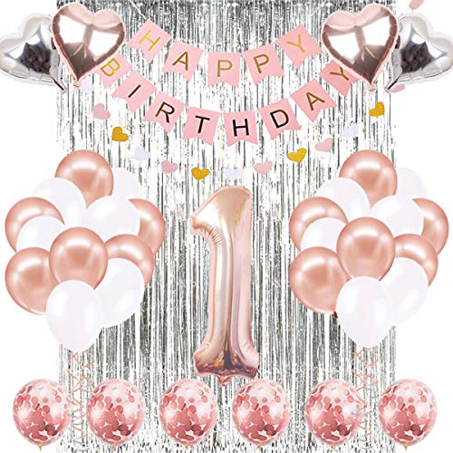 Book Cover 1st Birthday Girl Decoration, Girls First Birthday Decoration with Happy Birthday Banner, Number 1 Balloons for Pink and Gold Party Supplies Decoration 1st birthday