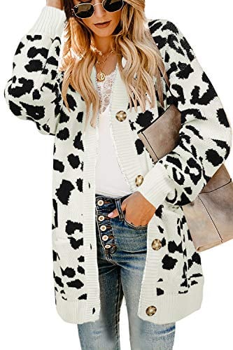 Book Cover Ashuai Womens Leopard Long Cardigan Sweaters Oversized Open Front Chunky Knit Button Down Loose Coat with Pockets
