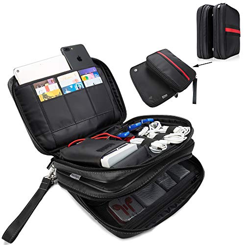 Book Cover FLYINGCOLORS Electronic Organizer Double Layer Detachable Universal Waterproof Travel Cable Case Cord Accessories Storage Bag for Cable, iPad, Phone, Charger, USB, SD Card (Black)