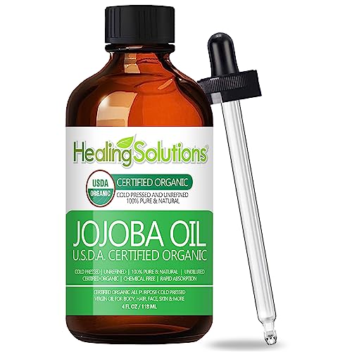 Book Cover Healing Solutions Cold Pressed Jojoba Oil - Organic, Unrefined for Skin, Hair, Face & Cuticle Moisturizer, Acne Fighter - 4 fl oz