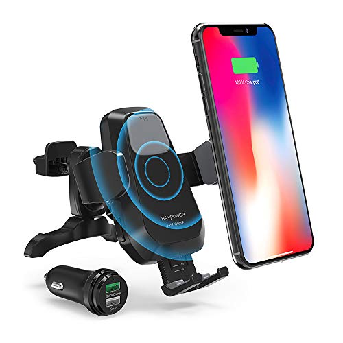 Book Cover RAVPower Wireless Qi Fast Charger 7.5W/ 10 W Car Mount Kit, Automatic Phone Holder Air Vent, Compatible with iPhone XR XS Max X 8 Plus Galaxy S9 S8 Note 9 8 5 and & Qi-Enabled Device