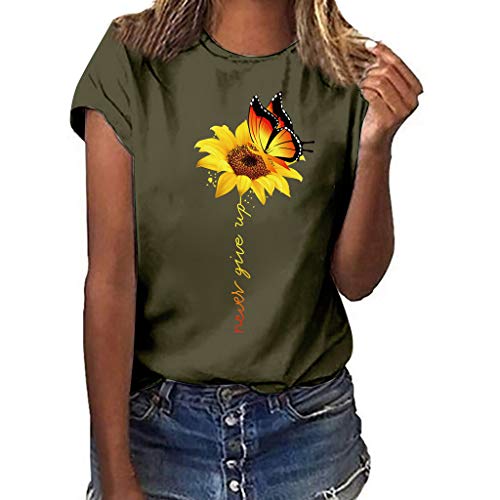 Book Cover Women T-Shirt Casual Summer Short Sleeve Tee Sunflower Print Loose Fit Blouse Tops (XL, Army Green)