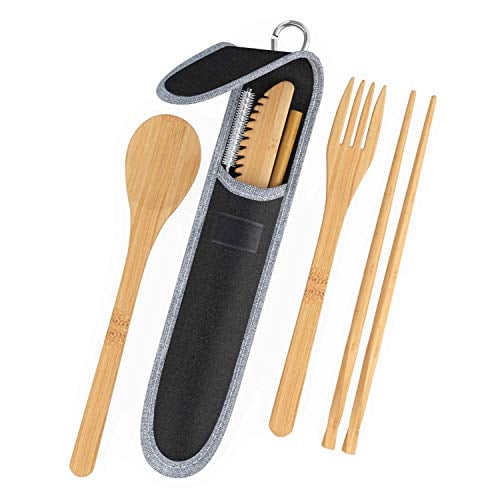 Book Cover 8 Piece Natural Bamboo Utensils Cutlery Set - Portable Kit Includes Reusable Wooden Straw, Spoon, Chopsticks, Fork, Cleaning Brush & Carry Pouch for Office, Travel & Camping