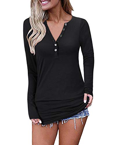 Book Cover OUGES Womens Long Sleeve V-Neck Button Henley Tops Business Dressy Casual Blouse T Shirt