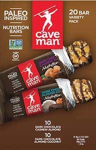 Book Cover Caveman ( 20 Bar Variety Pack ) 10ct Dark Chocolate Cashew Almond & 10ct Dark Chocolate Almond Coconut 1.4oz Each