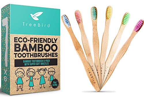 Book Cover Kids Bamboo Toothbrush 6-Pack | Super Soft Bristles | Eco-Friendly Dental Care For Children | Compostable Natural Organic Wood Handles | Colorful BPA-Free Brushheads