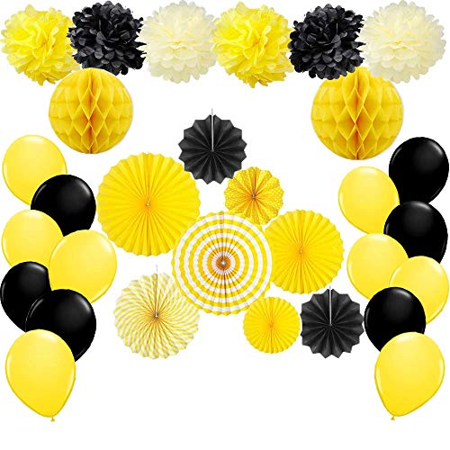 Book Cover Bumble Bee Party Decoration Baby Shower Birthday Party Supplies Yellow and Black Paper Fan Pom Poms Honeycomb Ball Balloons Set